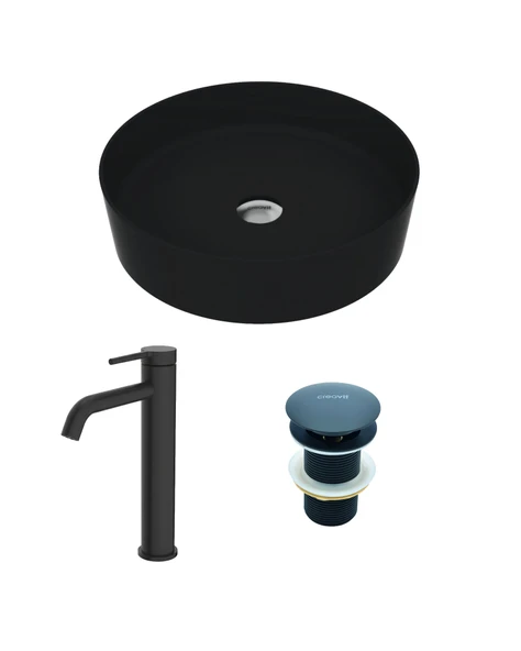 Loop Siyah Mat Çanak Lavabo Armatür ve Sifon Başlığı Set ürün görseli 1