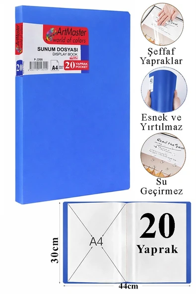 Mavi Sunum Dosyası 20 li 1 Adet Poşet Dosyalı Katalog Dosyası 20 Poşetli Kendinden Dosya Plastik Kapaklı ürün görseli 1