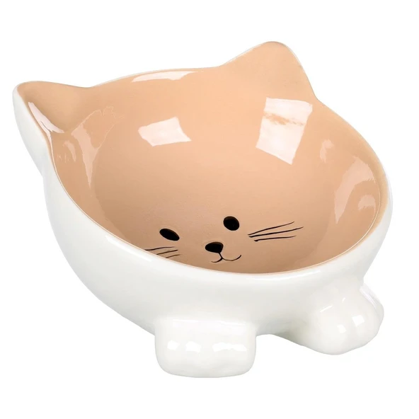 Flamingo Puzi Kedi Kulaklı Desenli Seramik Mama Ve Su Kabı Bej 125 Ml ürün görseli 1