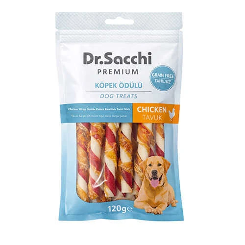 Dr.Sacchi Premium Tavuk Sargılı Çift Renkli Sığır Derisi Burgu Çubuk Tahılsız Köpek Ödülü 5'' 10'lu 120 Gr ürün görseli 1
