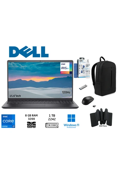 Dell Vostro 3530 I7-1355u 8gb 1tb Ssd 15.6"120hz Laptop W11 PRO N1601pvnb3530u+Duddi Çanta+Mouse+ ürün görseli 1