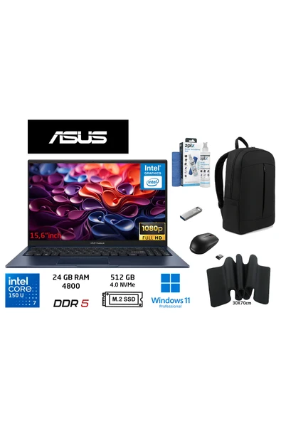 ASUS Vivobook 15 Core 7 150U 24GB-512GB Ssd-15.6 W11 Pro X1504VA-BQ5456 Duddi Çanta+Mouse+MousePad++ ürün görseli 1