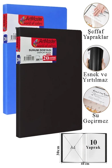 Siyah Mavi Sunum Dosyası 20 li 2 Adet Poşet Dosyalı Katalog Dosyası 20 Poşetli Kendinden Dosya Plastik Kapaklı ürün görseli 1