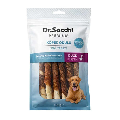 Dr.Sacchi Premium Ördek Sargılı Beyaz Sığır Derisi Burgu Çubuk Tahılsız Köpek Ödülü 5'' 10'lu 100 Gr ürün görseli 1