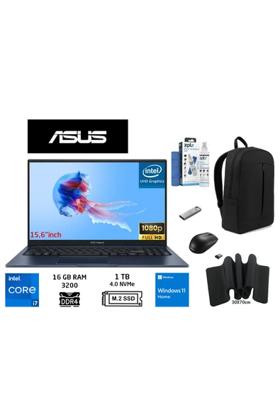 ASUS Vivobook 15 X1504VA-NJ426W İntel i7-1355U 16gb 1TB SSD 15.6" Fhd W11H DUDDIÇANTA+MOUSE+M.PAD++ ürün görseli 1