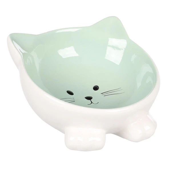 Flamingo Puzi Kedi Kulaklı Desenli Seramik Mama Ve Su Kabı Yeşil 125 Ml ürün görseli 1