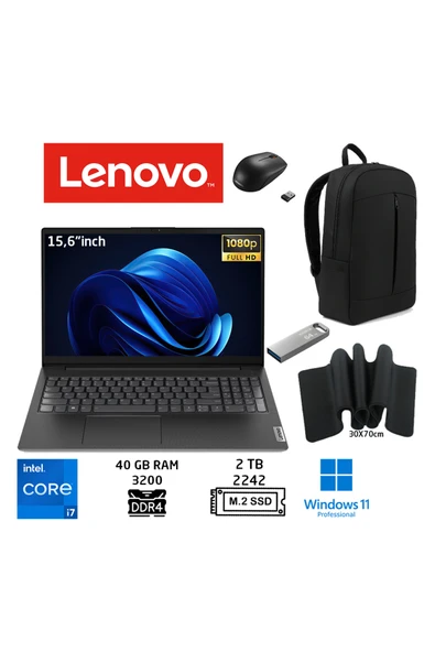 LENOVO V15 iCorei7 1355U 40GB 2TB SSD W11PRO 15.6''FHD 83A100HXTR Çanta+Mouse+MousePad+Usbbellek ürün görseli 1