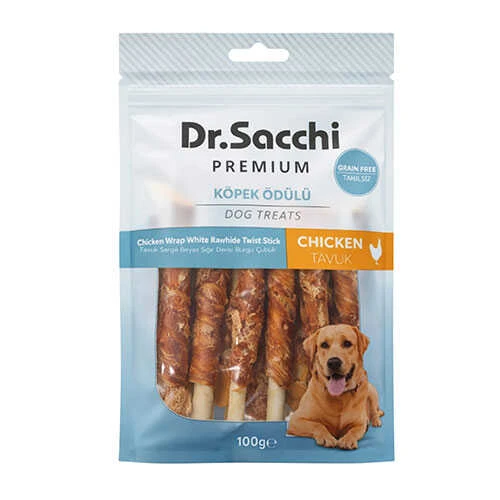Dr.Sacchi Premium Tavuk Sargılı Beyaz Sığır Derisi Burgu Çubuk Tahılsız Köpek Ödülü 5'' 10'lu 100 Gr ürün görseli 1