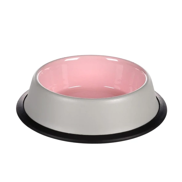 Flamingo Nell Boyalı Çelik Mama Kabı Antislip Gri-Pembe 200Ml ürün görseli 1