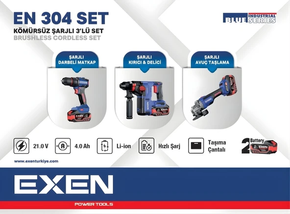 EXEN EN 304 SET - 21V 4Ah Kömürsüz Şarjlı Makina 3'lü Set EX018030 ürün görseli 1