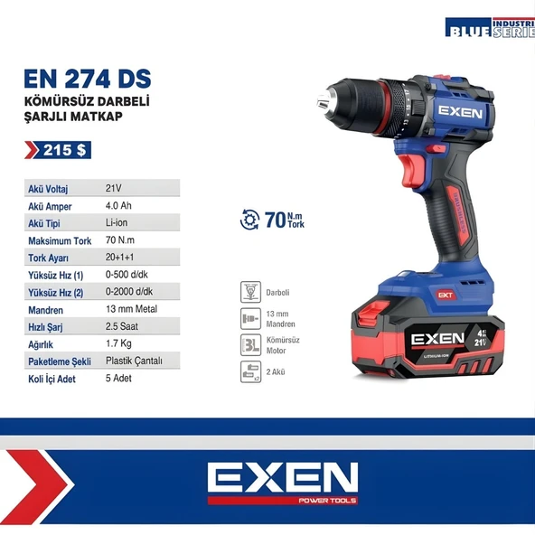 EXEN EN 274 DS - 21V 4Ah 70N.m Kömürsüz Darbeli Şarjlı Matkap EX010513 ürün görseli 1