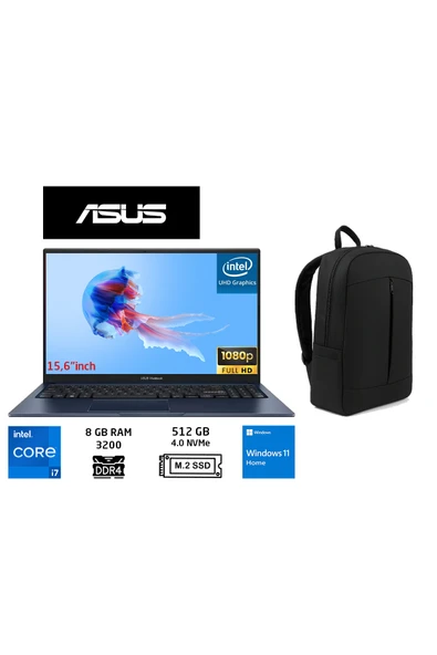 ASUS Vivobook 15 X1504VA-NJ426W İntel i7-1355U 8gb 512GB SSD 15.6" Fhd W11H DUDDI ÇANTA ürün görseli 1
