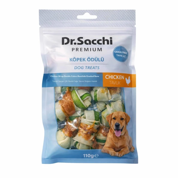Dr.Sacchi Premium Tavuk Sargılı Çift Renkli Sığır Derisi Düğüm Kemik Tahılsız Köpek Ödülü 2“ 8'li 110 Gr ürün görseli 1