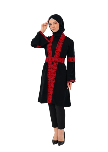 Filistin Kırmızı Nakışlı Siyah Filistin Kısa Kaban Abaya C100053 ürün görseli 1