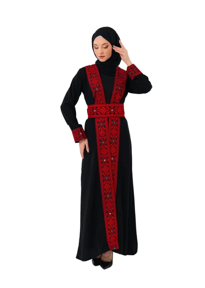 Filistin Kırmızı Ve Renkli Nakışlı Siyah Filistin Uzun Abaya C100052 ürün görseli 1