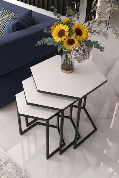 Vatoz Altıgen Siyah Metal Beyaz Mdf Tablalı 3lü Zigon Sehpa ürün görseli 1