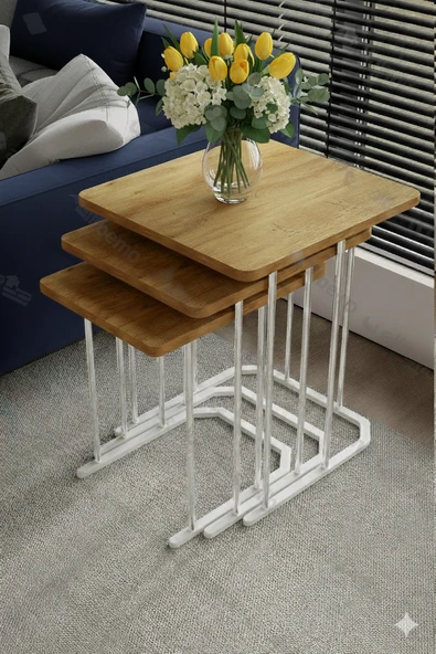 Sakura 3'lü Metal Gümüş Atlantik Mdf Kare Zigon Sehpa Takımı Orta Sehpa Yan Sehpa ürün görseli 1