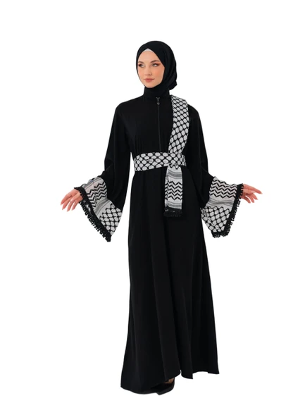 Fermuarlı Filistin Kefiye Desenli Geniş Püsküllü Kolları Dik Yakalı Siyah Filistin Elbise C100049 ürün görseli 1