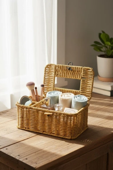 Plentiful Bölmeli Kapaklı Doğal Rattan Görünümlü Hasır Makyaj, Takı ve Havlu Düzenleyici – Peçetelikli ürün görseli 1
