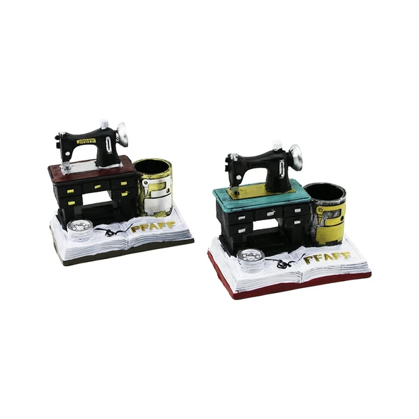 DİKİŞ MAKİNE VİNTAGE DEKORATİF BİBLO - RENKLİ KALEMLİK 12X13.5X9CM REÇİNE (5433) ürün görseli 1