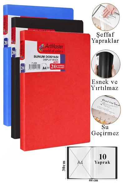 Siyah Mavi Kırmızı Sunum Dosyası 20 li 3 Adet Poşet Dosyalı Katalog Dosyası 20 Poşetli Kendinden Dosya Plastik Kapaklı ürün görseli 1