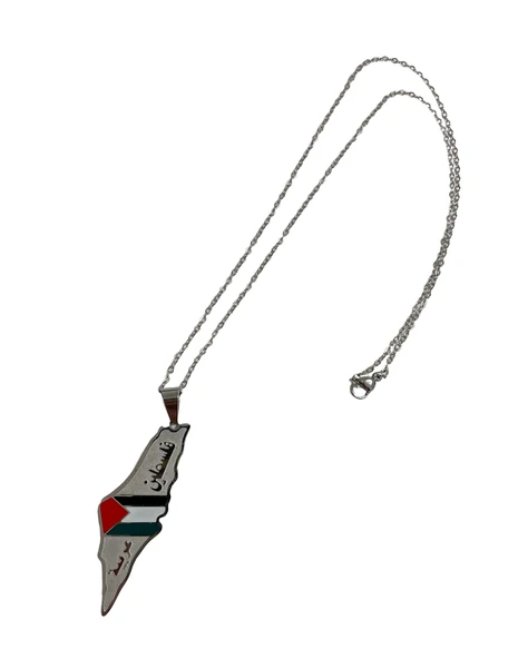 Filistin Haritası İçinde Bayrak Paslanmaz Gümüş Rengi Zinciri Unisex Kolye 44 cm J300019 ürün görseli 1