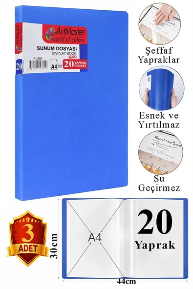 Mavi Sunum Dosyası 20 li 3 Adet Poşet Dosyalı Katalog Dosyası 20 Poşetli Kendinden Dosya Plastik Kapaklı ürün görseli 1
