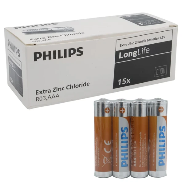 Philips Longlife Extra Zinc-Carbon İnce Kumanda Kalem Pili AAA (60'Lı Paket) ürün görseli 1