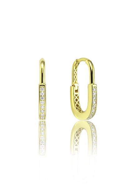 925 Ayar Gümüş Küpe Altın Kaplama Zirkon Taşlı Dikdörtgen Halka Küpe - Geometrik Tasarım SGTL13271GOLD ürün görseli 1