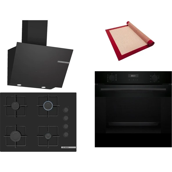 Bosch Siyah 3 lü Ankastre Set 554 (HUA717BA0T - POP7C6P31O - DWK66PJ60T) 67cm Ocak - Buhar Destekli - Pişirme Matı ile ürün görseli 1