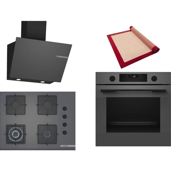 Bosch Gri 3 lü Ankastre Set 536 (HUA736EN0T - POH7C9P31O - DWK66PJ70T) 67cm Wok Bek Ocak - Buhar Destekli - Pişirme Matı ile ürün görseli 1