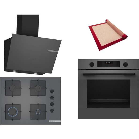 Bosch Gri 3 lü Ankastre Set 560 (HUA736EN0T - POP7C9P31O - DWK66PJ70T) 67cm Ocak - Buhar Destekli - Pişirme Matı ile ürün görseli 1