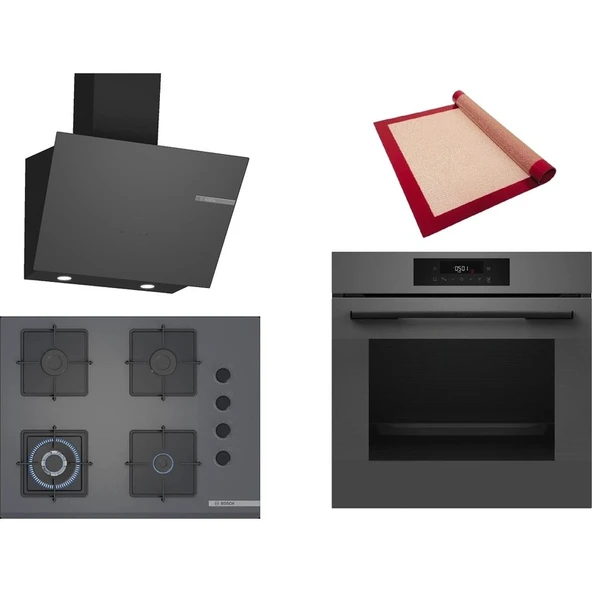 Bosch Gri 3 lü Ankastre Set 539 (HJG852YN0T - POH7C9P31O - DWK66PJ70T) 67cm Wok Bek Ocak - 3D Fry Hava ile Kızartma - Pişirme Matı ile ürün görseli 1