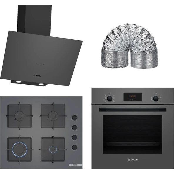 Bosch Gri 3 Lü Ankastre Set 326 (HBF512BH1T-POP6C9P30O-DWK64PJ70T) - Baca Borusu ile Birlikte ürün görseli 1