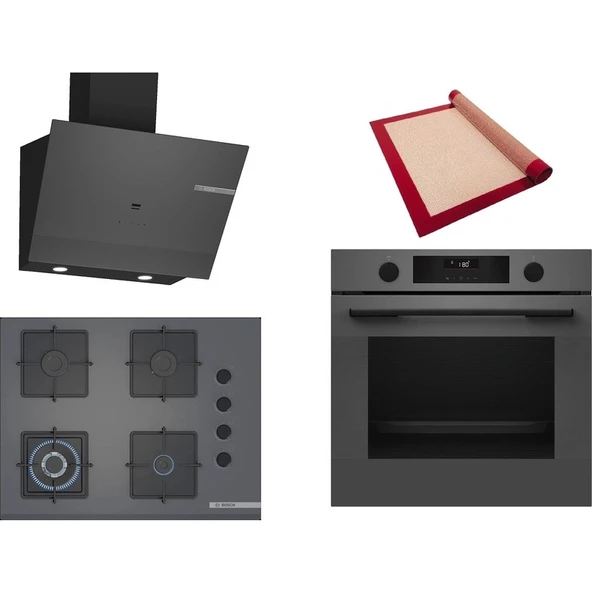 Bosch Gri 3 lü Ankastre Set 548 (HUA736EN0T - POH7C9P31O - DWK67PJ70T) 67cm Wok Bek Ocak - Buhar Destekli - Pişirme Matı ile ürün görseli 1