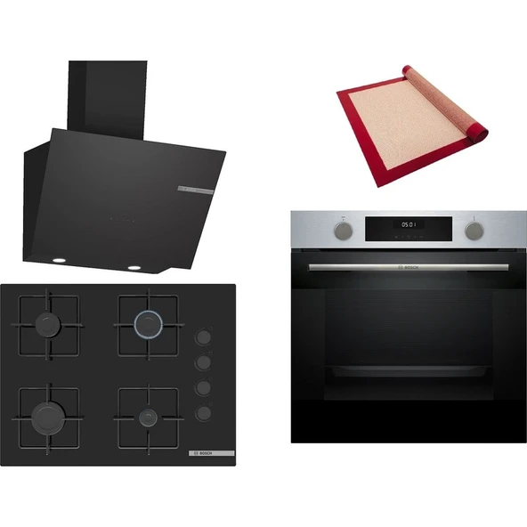 Bosch Siyah 3 lü Ankastre Set 556 (HUA717BR0T - POP7C6P31O - DWK66PJ60T) 67cm Ocak - Buhar Destekli - Pişirme Matı ile ürün görseli 1
