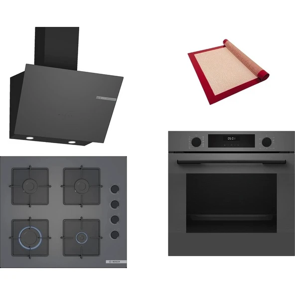 Bosch Gri 3 lü Ankastre Set 493 (HUA717BN0T - POP6C9P31O - DWK66PJ70T) - Buhar Destekli - Pişirme Matı ile ürün görseli 1