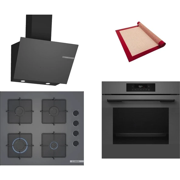 Bosch Gri 3 lü Ankastre Set 501 (HJG852YN0T - POP6C9P31O - DWK66PJ70T) - 3D Fry Hava ile Kızartma - Pişirme Matı ile ürün görseli 1