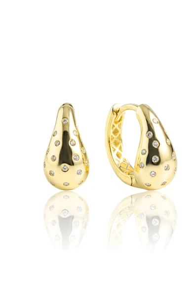 925 Ayar Gümüş Küpe Altın Kaplama Zirkon Taşlı Bottega Su Damlası Halka Küpe - Bombeli Modern Tasarım SGTL13267GOLD ürün görseli 1