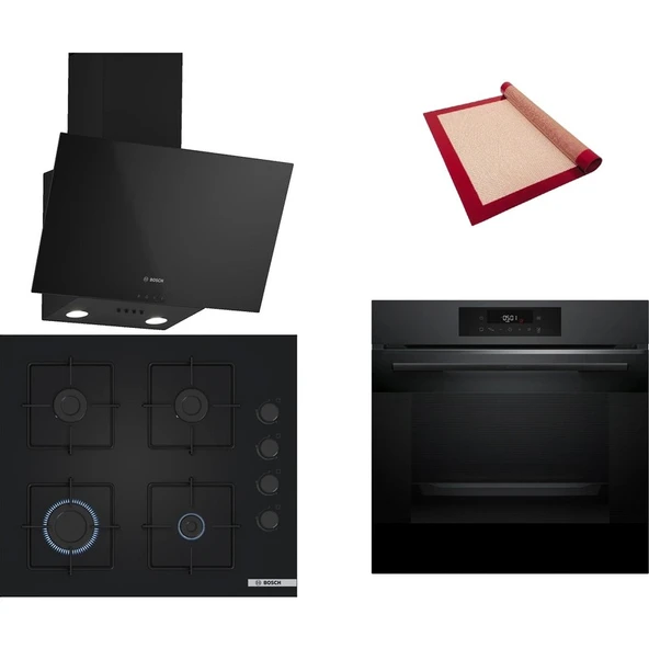 Bosch Siyah 3 lü Ankastre Set 490 (HJG852YT0T - POP6C6P31O - DWK63PJ60T (61T)) - 3D Fry Hava ile Kızartma - Fırın Matı ile ürün görseli 1