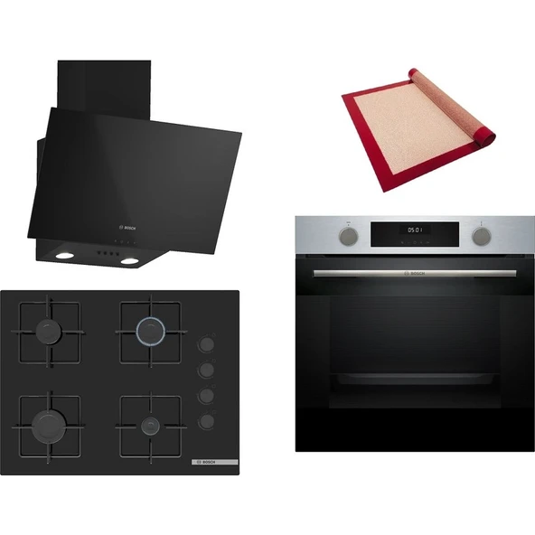Bosch Siyah 3 lü Ankastre Set 568 (HUA717BR0T - POP7C6P31O - DWK63PJ60T(61T)) 67cm Ocak - Buhar Destekli - Pişirme Matı ile ürün görseli 1
