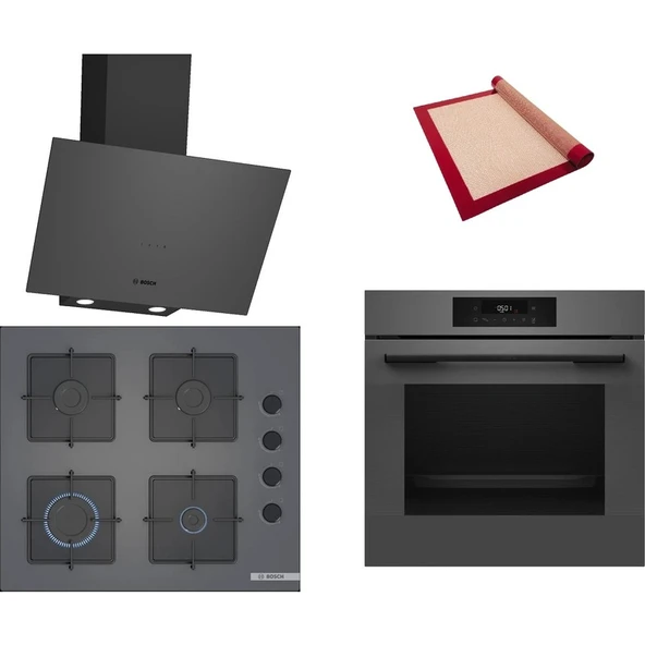 Bosch Gri 3 lü Ankastre Set 489 (HJG852YN0T - POP6C9P31O - DWK64PJ70T) - 3D Fry Hava ile Kızartma - Fırın Matı ile ürün görseli 1