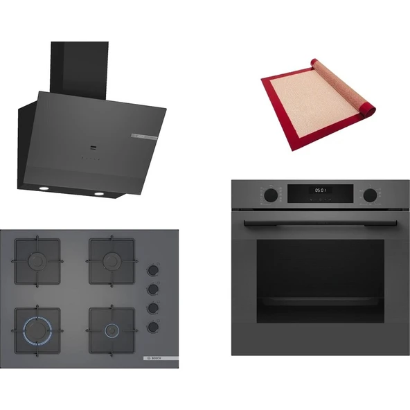 Bosch Gri 3 lü Ankastre Set 579 (HUA717BN0T - POP7C9P31O - DWK67PJ70T) 67cm Ocak - Buhar Destekli - Pişirme Matı ile ürün görseli 1