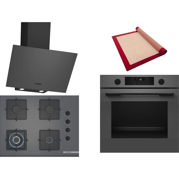 Bosch Gri 3 lü Ankastre Set 524 (HUA736EN0T - POH7C9P31O - DWK64PJ70T) 67cm Wok Bek Ocak - Buhar Destekli - Pişirme Matı ile ürün görseli 1