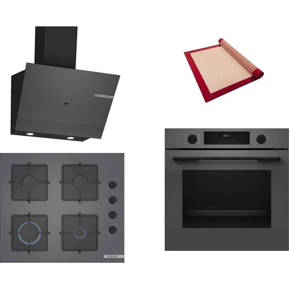 Bosch Gri 3 lü Ankastre Set 505 (HUA717BN0T - POP6C9P31O - DWK67PJ70T) - Buhar Destekli - Pişirme Matı ile ürün görseli 1