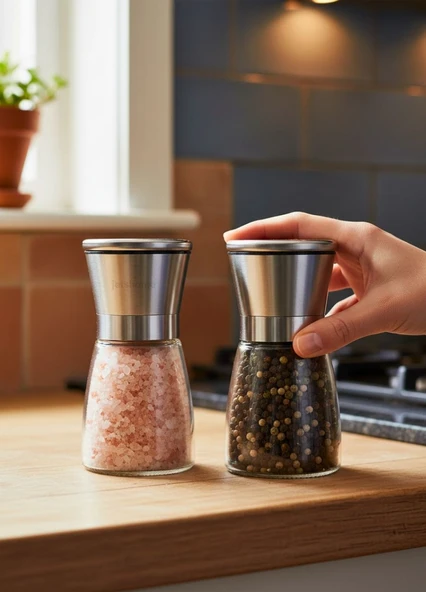 2'li Mini Set: 13 cm Cam ve Çelik Tuz Karabiber Değirmeni – Modern Kahvaltı ve Sunum Takımı ürün görseli 1