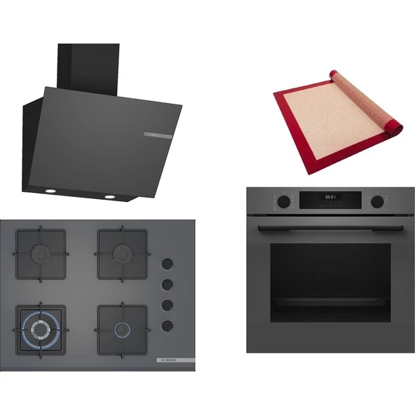 Bosch Gri 3 lü Ankastre Set 531 (HUA717BN0T - POH7C9P31O - DWK66PJ70T) 67cm Wok Bek Ocak - Buhar Destekli Fırın - Pişirme Matı ile ürün görseli 1