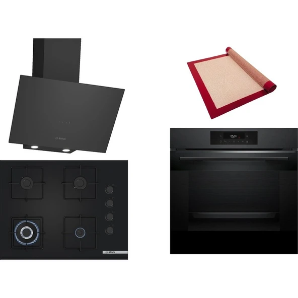 Bosch Siyah 3 lü Ankastre Set 528 (HJG852YT0T - POH7C6P31O - DWK64PJ60T) 67cm Wok Bek Ocak - 3D Fry Hava ile Kızartma - Pişirme Matı ile ürün görseli 1