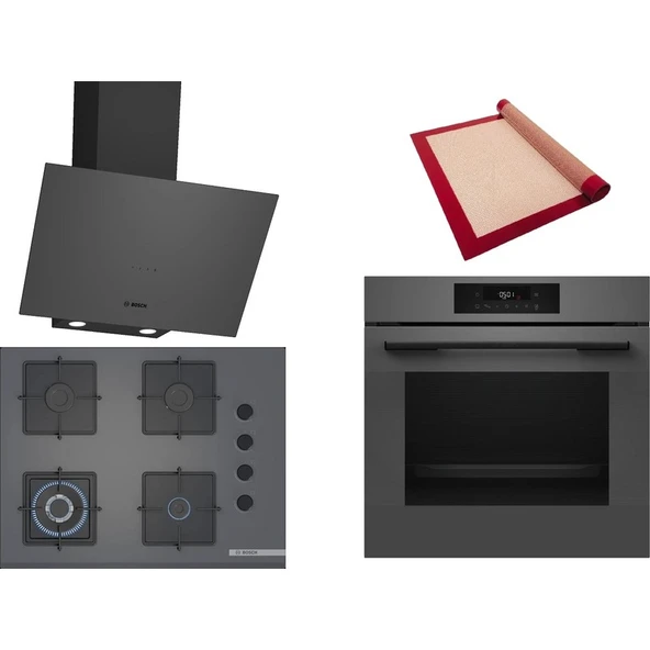Bosch Gri 3 lü Ankastre Set 527 (HJG852YN0T - POH7C9P31O - DWK64PJ70T) 67cm Wok Bek Ocak - 3D Fry Hava ile Kızartma - Pişirme Matı ile ürün görseli 1