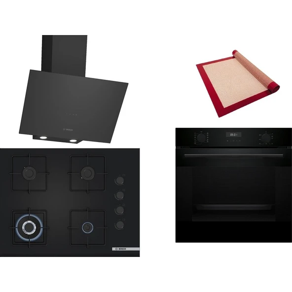 Bosch Siyah 3 lü Ankastre Set 518 (HUA717BA0T - POH7C6P31O - DWK64PJ60T ) 67cm Wok Bek Ocak - Buhar Destekli Fırın - Pişirme Matı ile ürün görseli 1